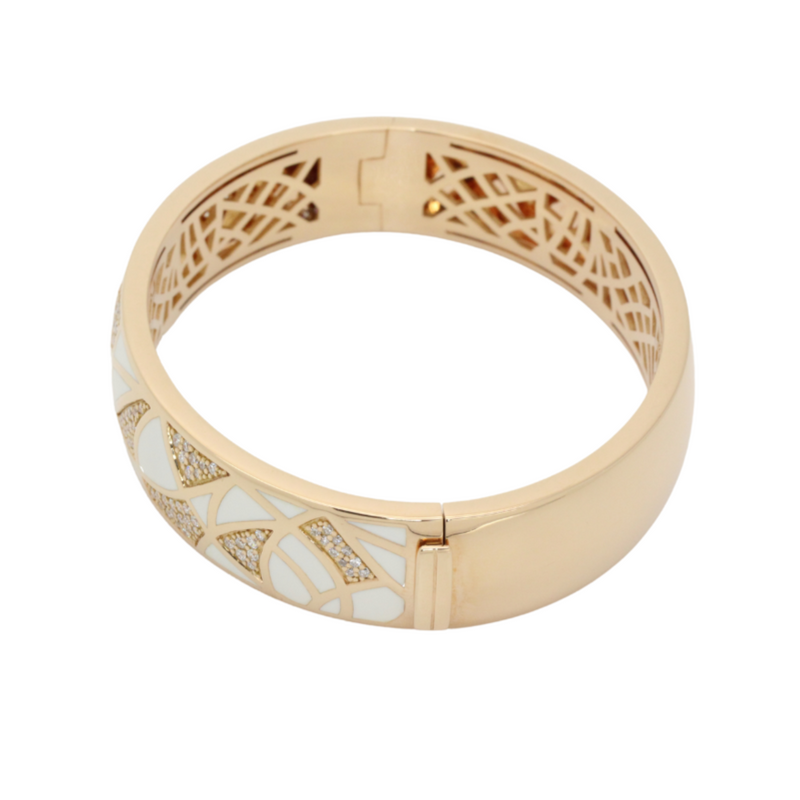 Markenarmspange von LEO WITTWER in 750er Roségold mit Emaille Intarsien und Brillanten