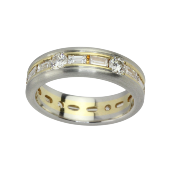 Memoryring mit Diamanten und Brillanten in 950er Platin und 750er Gelbgold gebürstet